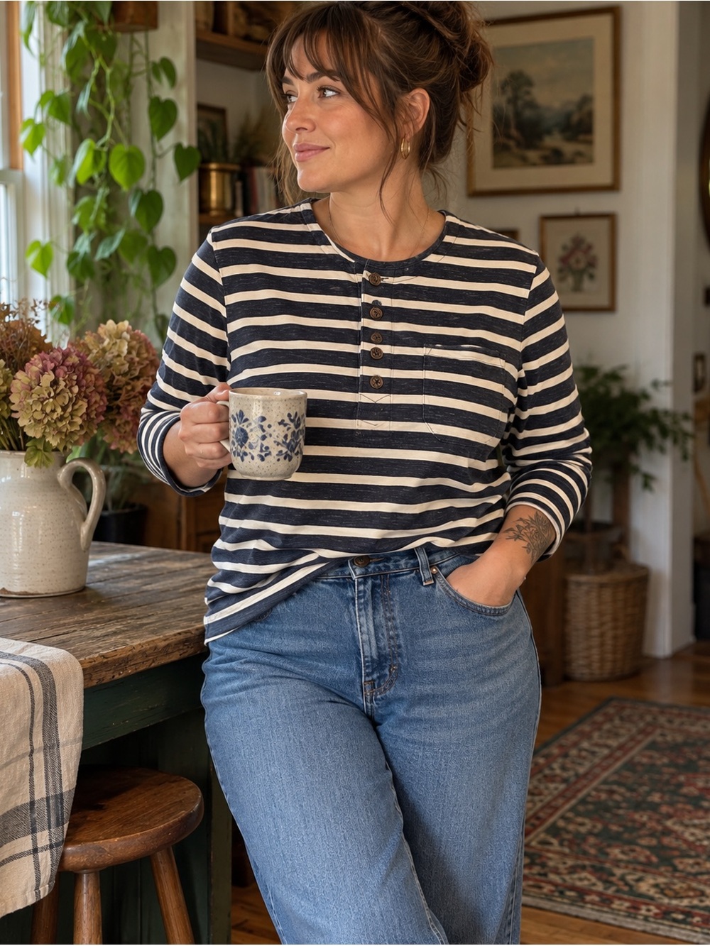 Tom Tailor Navy Cream Striped Henley Long Sleeve Cotton Top Size L